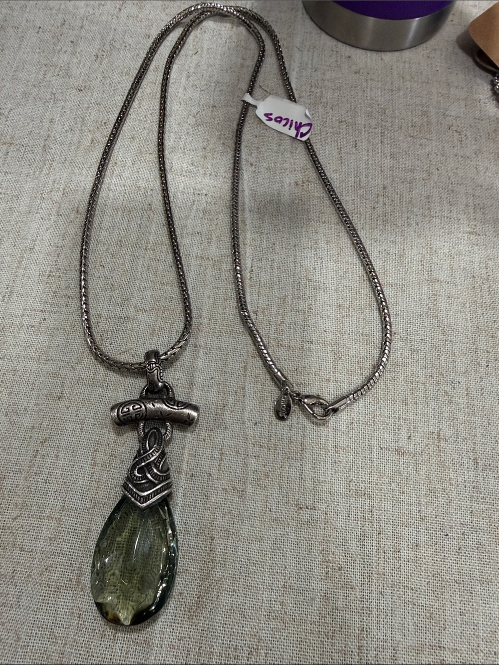 Chico’s Green Faceted Glass Teardrop Pendant Necklace Silver Tone